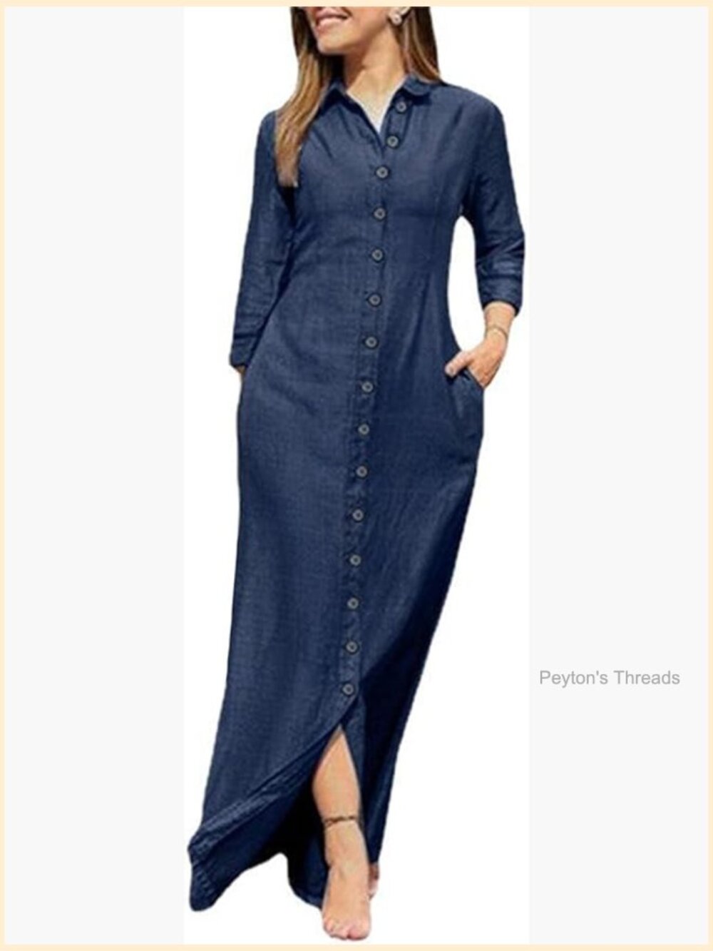 Womens Casual Button Down Denim Maxi Dress Long Sleeve with Pockets - Picture 1 of 7